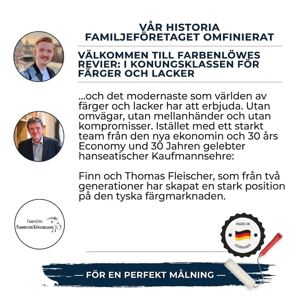 Bild med två män, logotypen Farbenlöwe och text om ett tyskt familjeföretag inom färger och lacker.